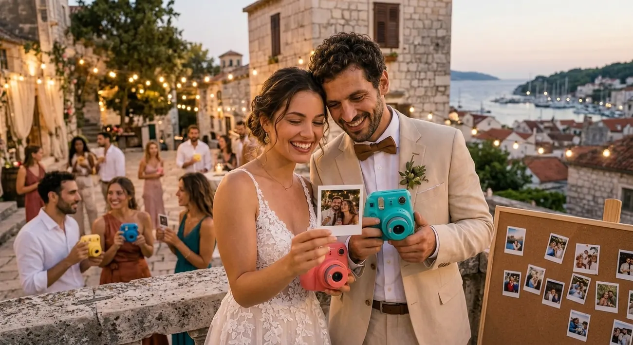 Mladenci gledaju instant fotografiju na proslavi